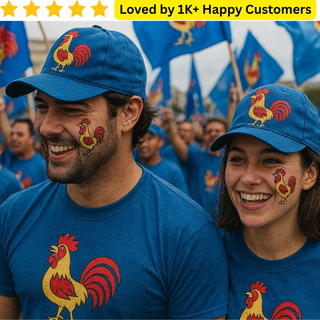Two people wearing blue caps and t-shirts with rooster designs, surrounded by similar attire and flags. Personalized Tattoos Temporary TattoosThat Turn Political Support In style