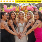 Five women with tattoos posing together at a celebration with balloons and 'HAPPY' in the background. Custom Temporary Tattoos Bachelorette – Celebrate in Style, South Africa💍