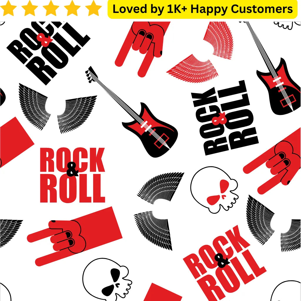 Pattern of rock and roll graphics including guitars, hands, and skulls on a white background. Fake Rock Star Tattoos