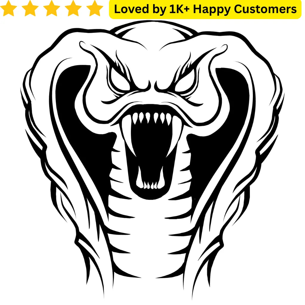 Black and white illustration of a cobra's head with a rating and customer count on a white background. Temporary Cobra Tribal Tattoo