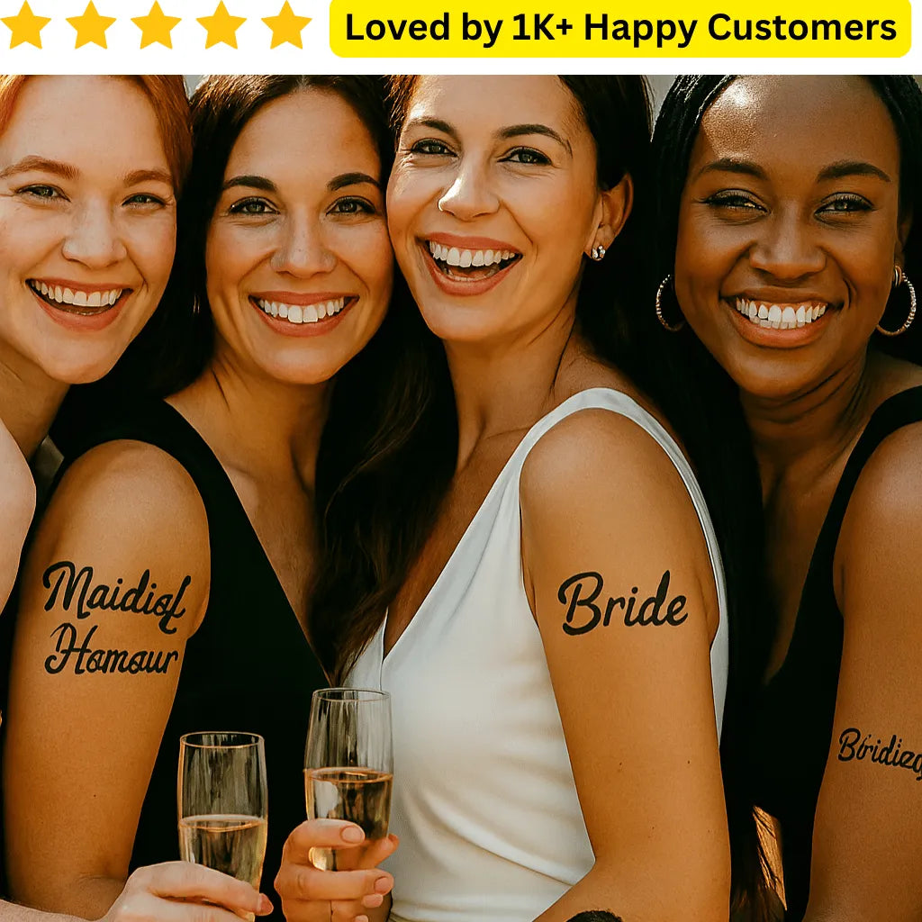 Four women with tattoos on their arms, holding glasses of champagne, with text 'Loved by 1K+ Ha Celebrate your love with custom bride tattoos—delivered fast across Cape Town and South Africa