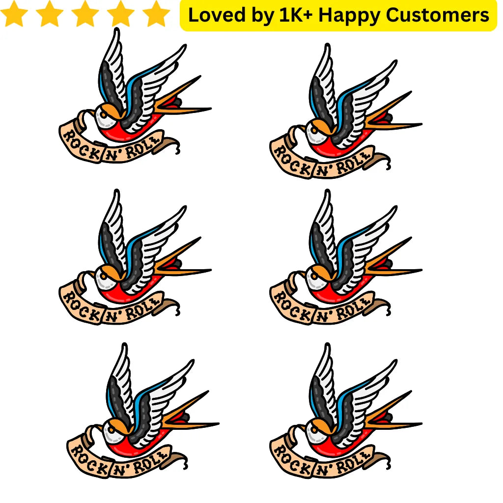 Five instances of a tattoo design featuring a swallow and 'Rock n Roll' banner on a white background.  Rock Star Temporary Tattoos