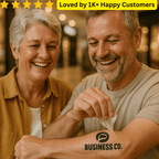 Two people with a tattoo of 'Business Co.' on their arm, surrounded by a warm, blurred background. Temporary Custom Tattoos – Designed by You, Printed by Us