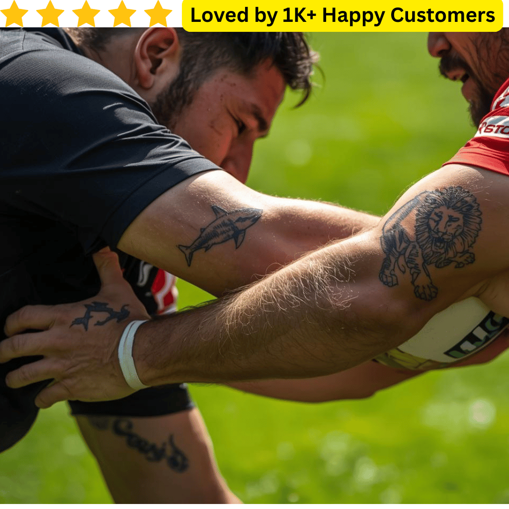 Two rugby players in action on a field with text 'Loved by 1K+ Happy Customers' at the top. Springboks Tattoo – Rugby &amp; School Team Designs! 🏉
