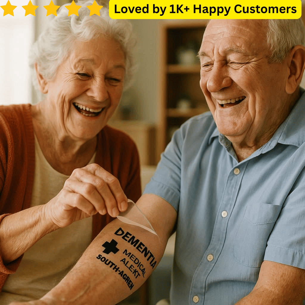 Two elderly people laughing together, with one person showing a tattoo on their arm. Temporary Custom Tattoos – Designed by You, Printed by Us