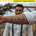 Person wearing a tattoo on their arm with 'Lize & Marnus' and dates, with a blurred background. Shop Stick on Tattoos for Sale, Custom Printed & Delivered Nationwide