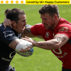 Temporary Tattoos Personalized – Designed by You, Delivered by TeMaRo™. Two rugby players in action on a field with a promotional banner above them. Springboks Tattoo – Rugby &amp; School Team Designs! 🏉