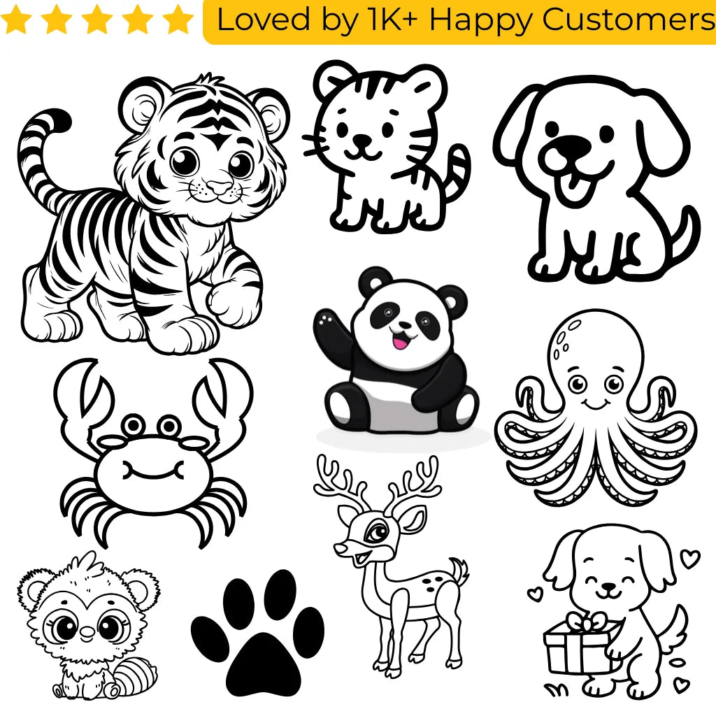 Set of black and white animal illustrations with a tiger, dog, panda, octopus, crab, deer, and other animals on a white background. Shop Online for Fake Tattoos South Africa’s Best Tattoo Designs