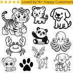 Set of black and white animal illustrations with a tiger, dog, panda, octopus, crab, deer, and other animals on a white background. Shop Online for Fake Tattoos South Africa’s Best Tattoo Designs