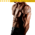 Muscular person with a dog tattoo on their arm, wearing black pants, with text 'Loved by 1K+ Happy Customers' at the top. Shop Online for Fake Tattoos South Africa’s Best Tattoo Designs