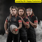 Three rugby players in black uniforms with red accents, holding a rugby ball, on a dark background. Springboks Tattoo – Rugby &amp; School Team Designs! 🏉