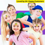 Children posing together with a purple background and text 'Loved by 1K+ Happy Customers'. Springbok &amp; School Temporary Tattoos That Unite Teams and Boost Pride