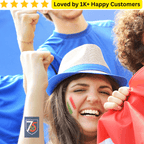 Woman with Italian flag paint on face, surrounded by cheering people, with a 75th anniversary logo. School Temporary Tattoos for Team Spirit