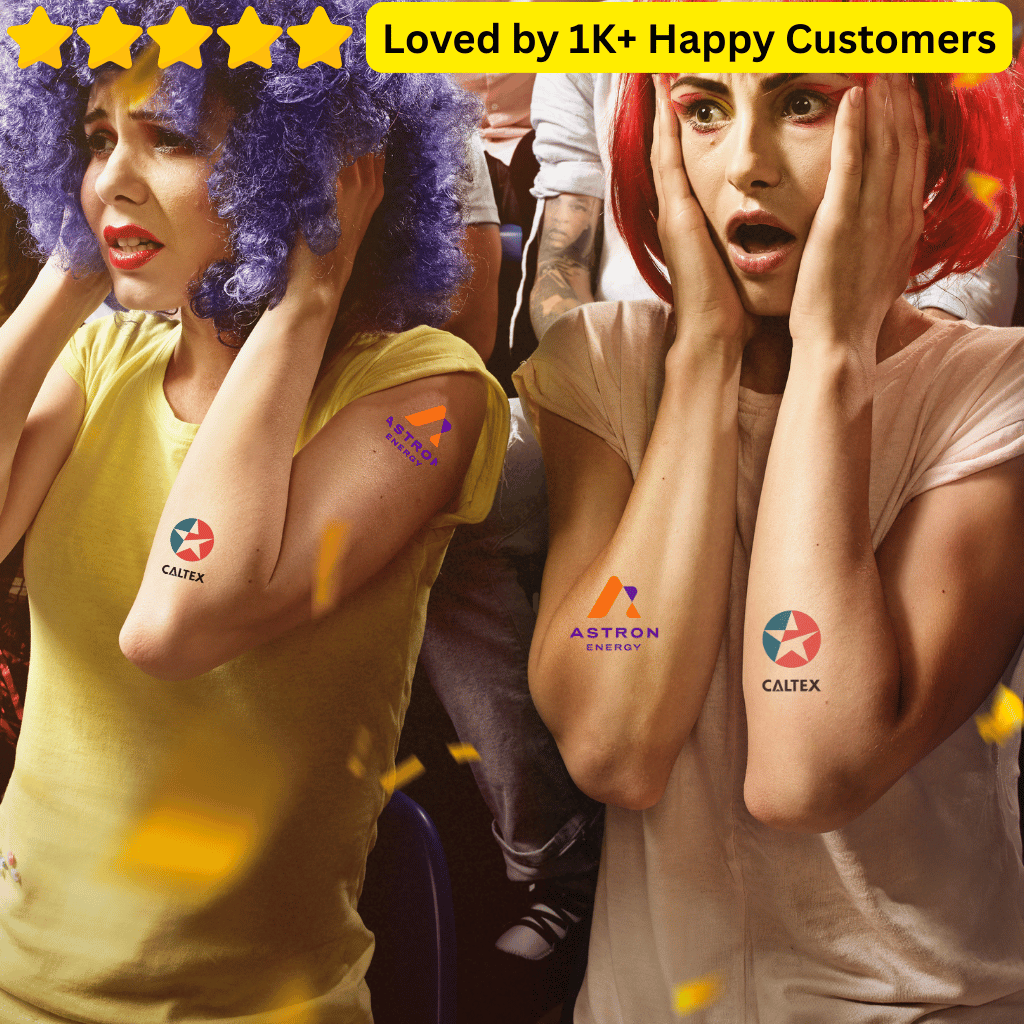 Two people with colorful wigs and tattoos, surrounded by confetti, with a brand logo and text at the top.