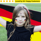 Young girl with German flag painted on her face, holding it behind her, with text 'Loved by 1K+ Happy Customers' at the top. School Temporary Tattoos for Team Spirit