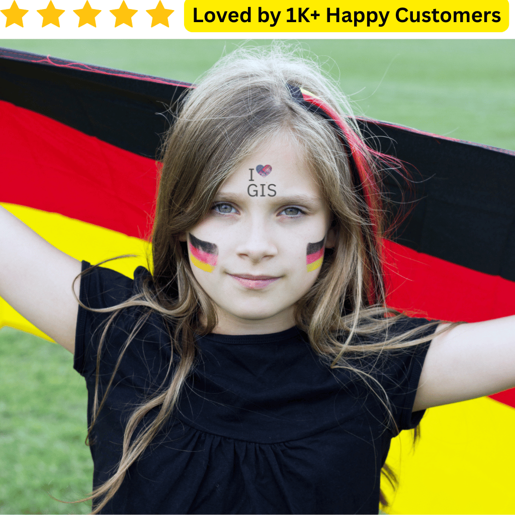 Young girl with German flag painted on her face, holding it behind her, with text 'Loved by 1K+ Happy Customers' at the top. School Temporary Tattoos for Team Spirit