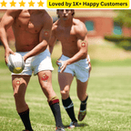 Two men playing rugby on a grass field with visible tattoos, surrounded by text about customer satisfaction. School Temporary Tattoos for Team Spirit