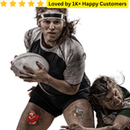 Woman playing rugby with tattoos on a white background, featuring text about customer satisfaction. School Temporary Tattoos for Team Spirit