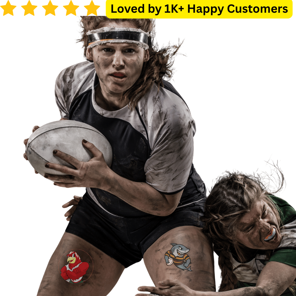 Woman playing rugby with tattoos on a white background, featuring text about customer satisfaction. School Temporary Tattoos for Team Spirit