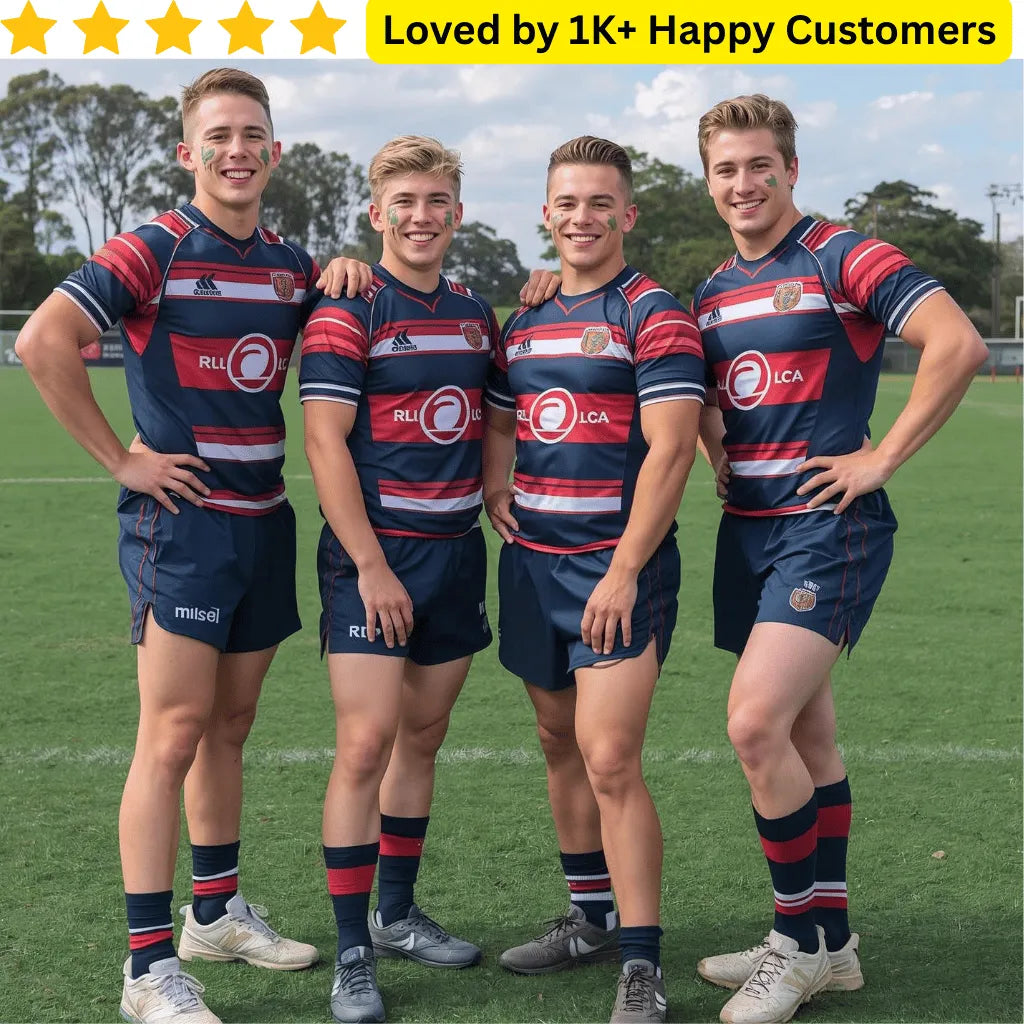 Four men in sports uniforms standing on a grass field with promotional text above them. Springboks Tattoo – Rugby &amp; School Team Designs! 🏉