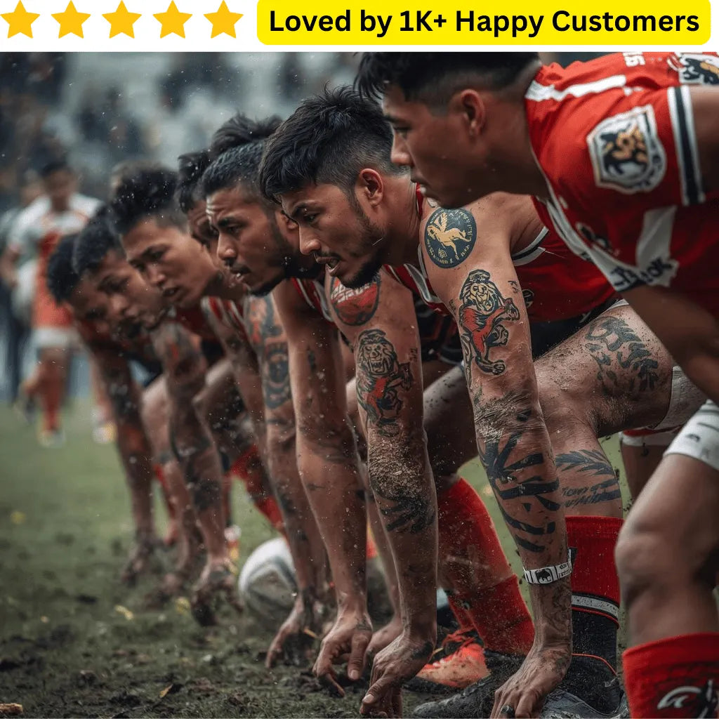 Athletes in a starting position on a sports field with a text overlay about happy customers. Springboks Tattoo – Rugby &amp; School Team Designs! 🏉