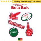 Collection of Coca-Cola-themed stickers with brand logos and promotional text on a white background. Springboks Tattoos - Print Sports Team Temporary Tattoos