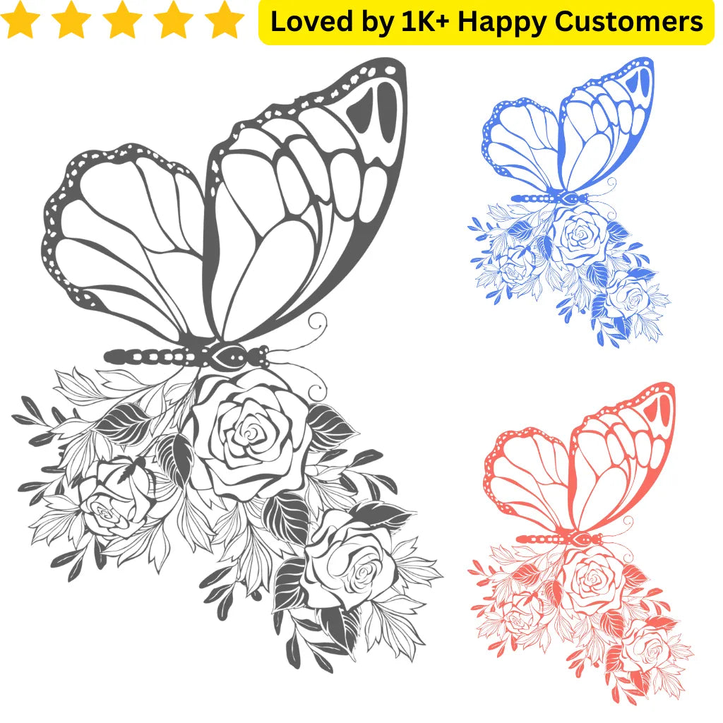 Butterfly and floral design with color options on a white background. Butterfly Tattoos with Flowers