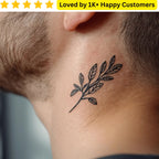Tattoo of a leaf design on a person's neck with a five-star rating and customer text above. Upload Artwork, Choose Tattoo Options, and Get Delivery Within 72 Hours in Durban &amp; Umhlanga. Order Long Lasting Temporary Tattoo, Better Than Inkbox Styles 