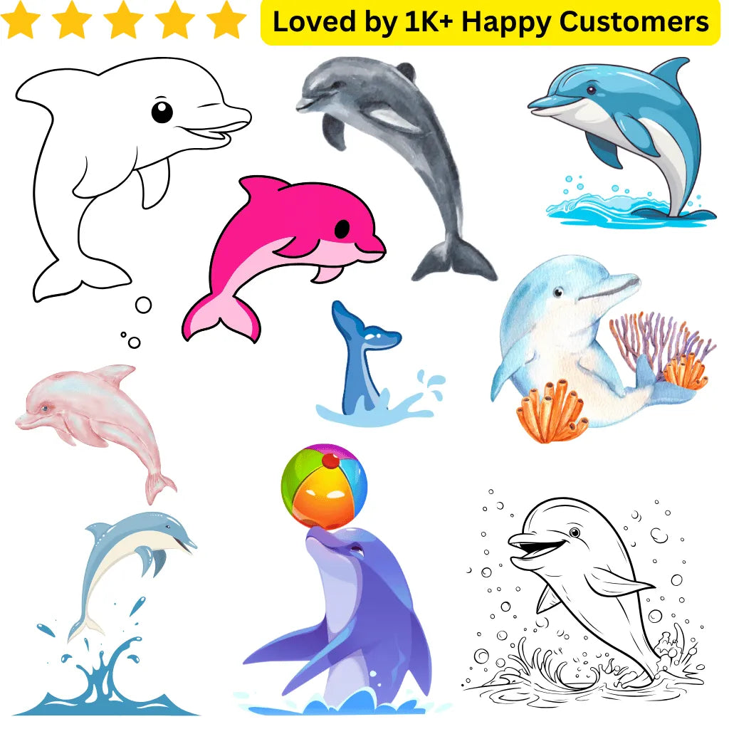 Illustrations of dolphins in various poses with a colorful ball on a white background. Expressive Tattoos for Ladies Back - Love Style Without the Commitment