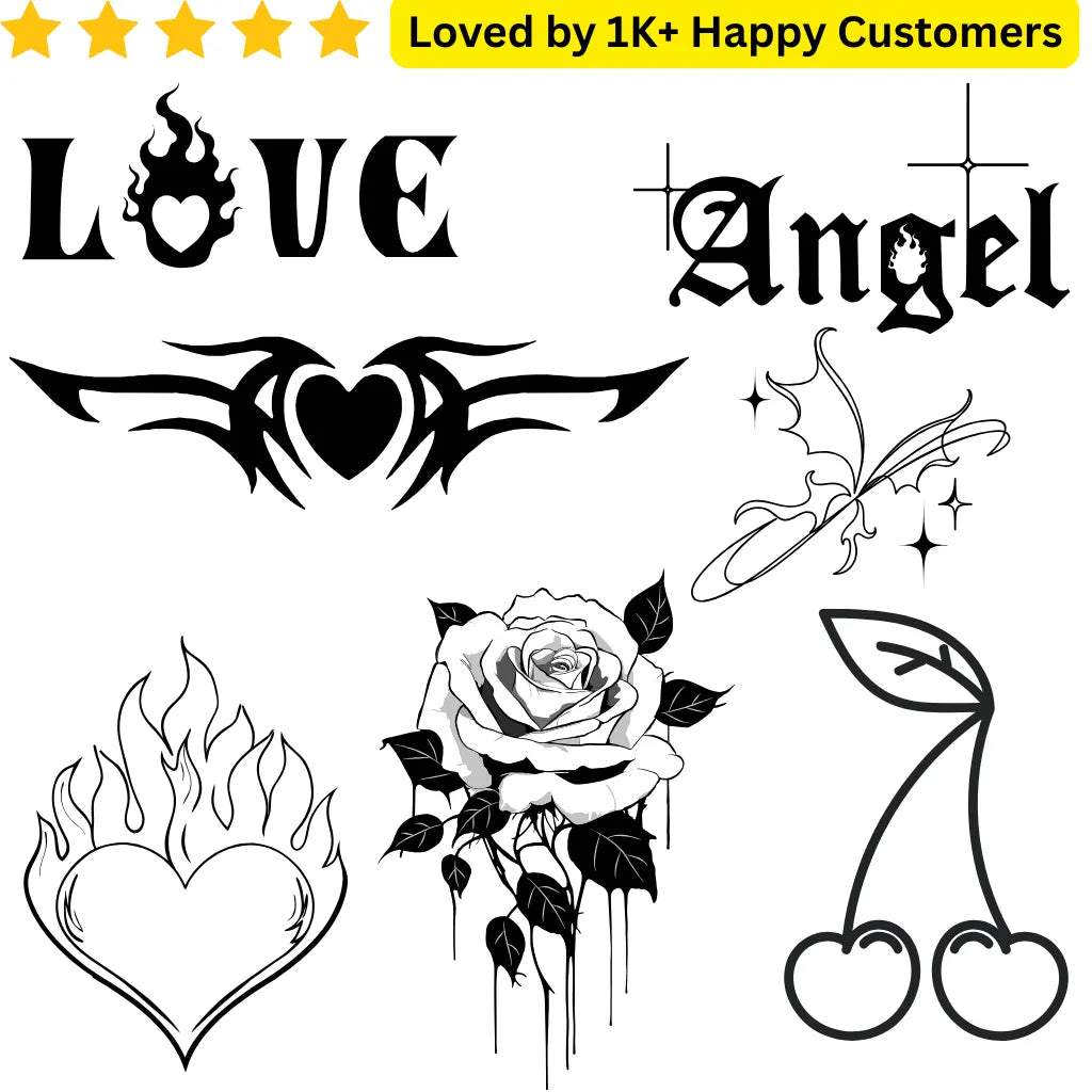 Collection of black and white tattoo designs including 'LOVE', 'Angel', a heart with wings, a rose, and cherries on a white background. Bold, Skin-Safe Tattoos Tattoos for Women Who Love Fashion Without the Commitment