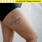 Tattoo of a decorative design on a person's leg with a background of 'Loved by 1K+ Happy Customers'. Bold, Skin-Safe Tattoos Tattoos for Women Who Love Fashion Without the Commitment