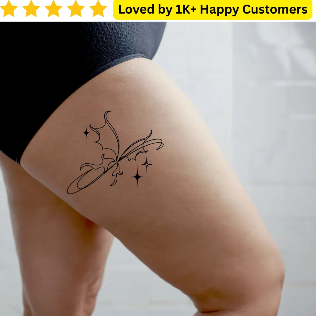 Tattoo of a decorative design on a person's leg with a background of 'Loved by 1K+ Happy Customers'. Bold, Skin-Safe Tattoos Tattoos for Women Who Love Fashion Without the Commitment