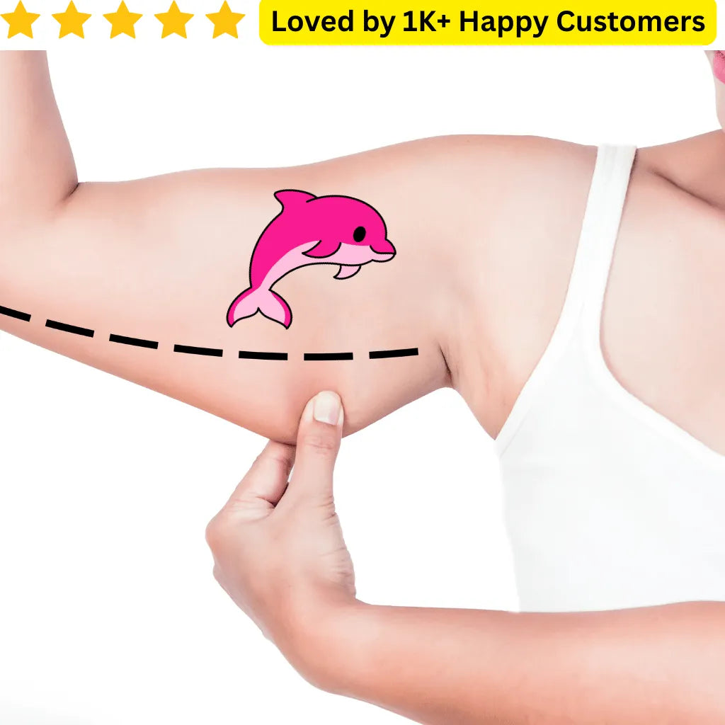 Person with a pink dolphin tattoo on their arm, surrounded by text about customer satisfaction. Expressive Tattoos for Ladies Back - Love Style Without the Commitment