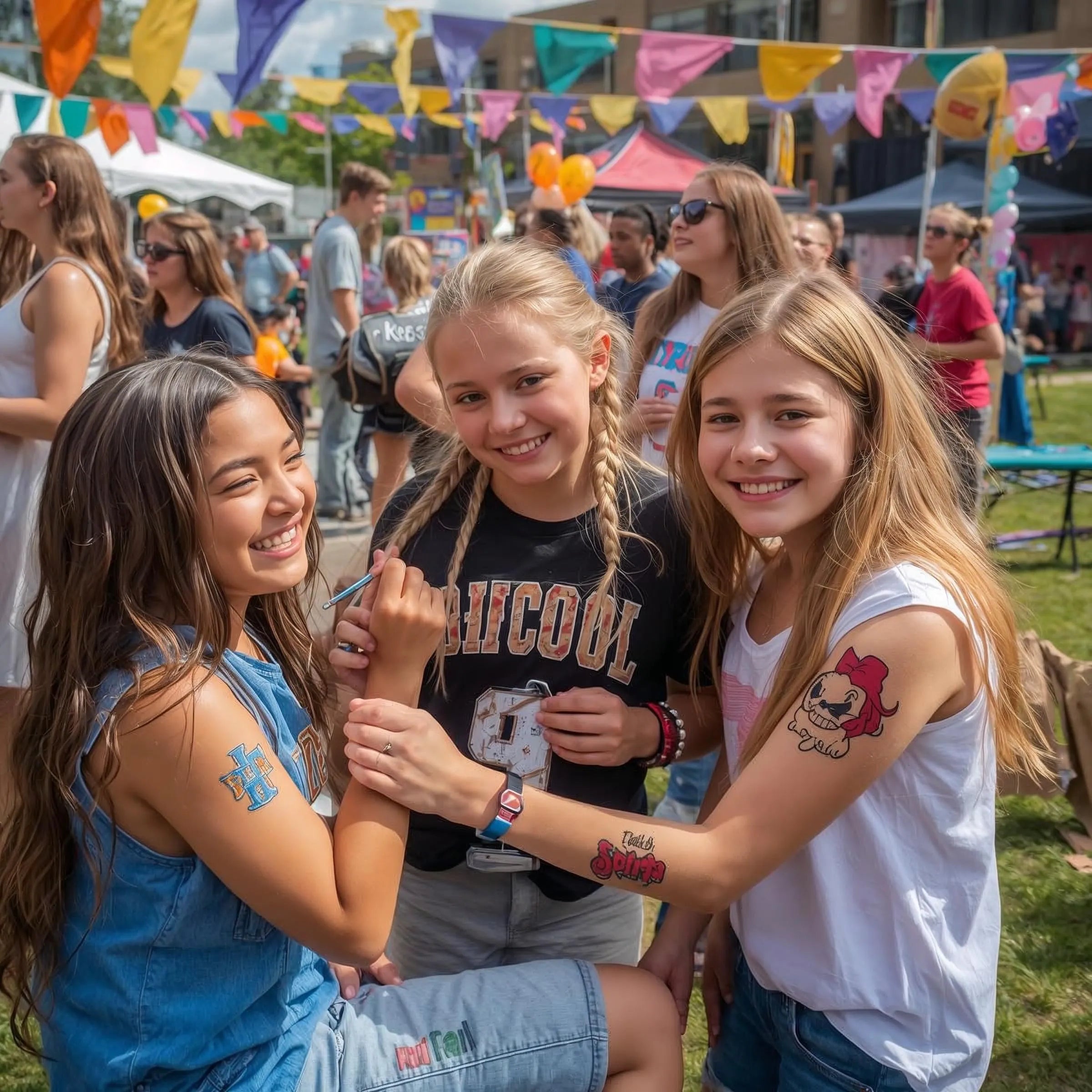 Three young girls with temporary tattoos at an outdoor event with colorful flags and people in the background. ✅