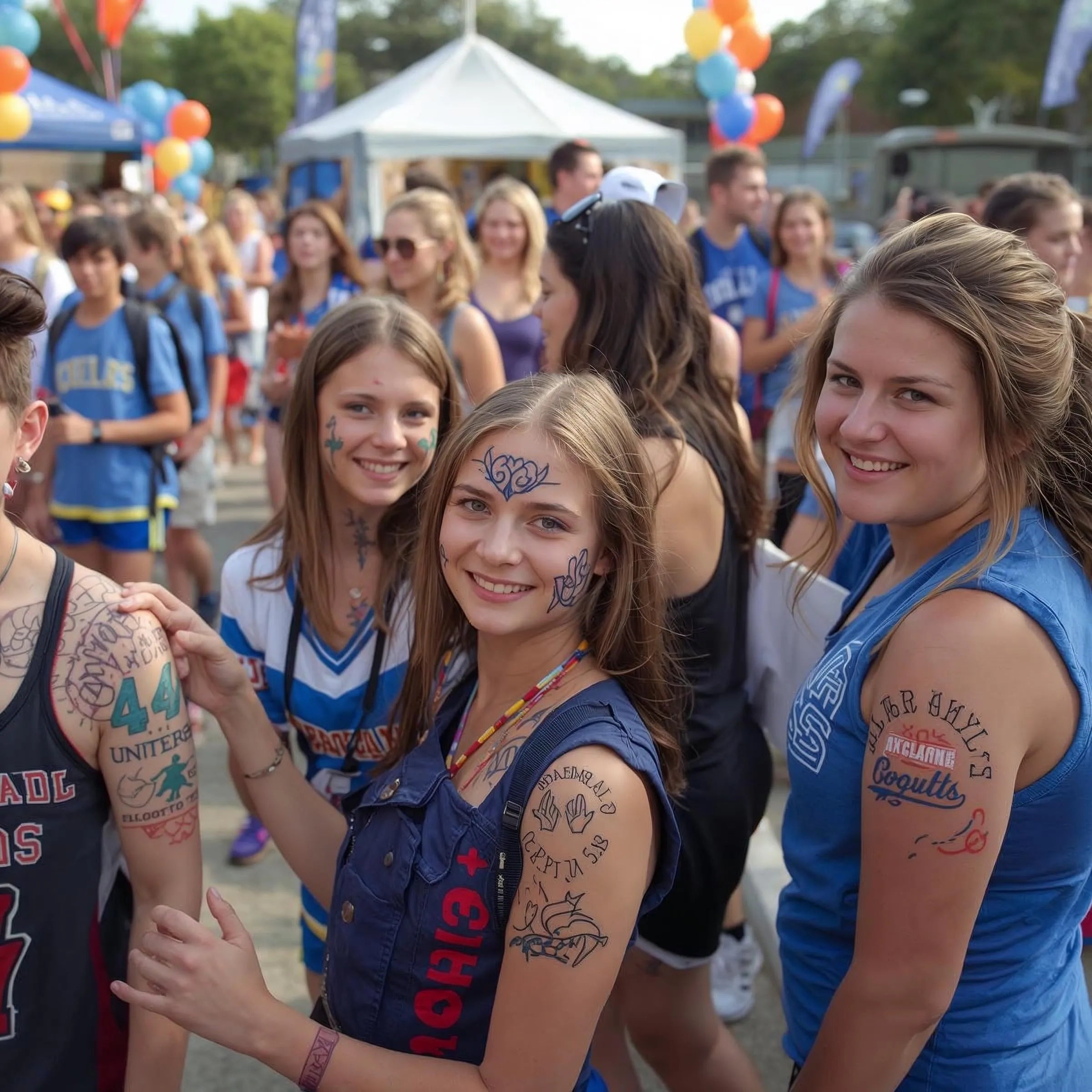 Group of people with tattoos and face paint at a lively outdoor event with balloons and tents. Boost Team Spirit and Pride with Tattoos for Schools – Custom, Flexible, and Sweat‑Proof