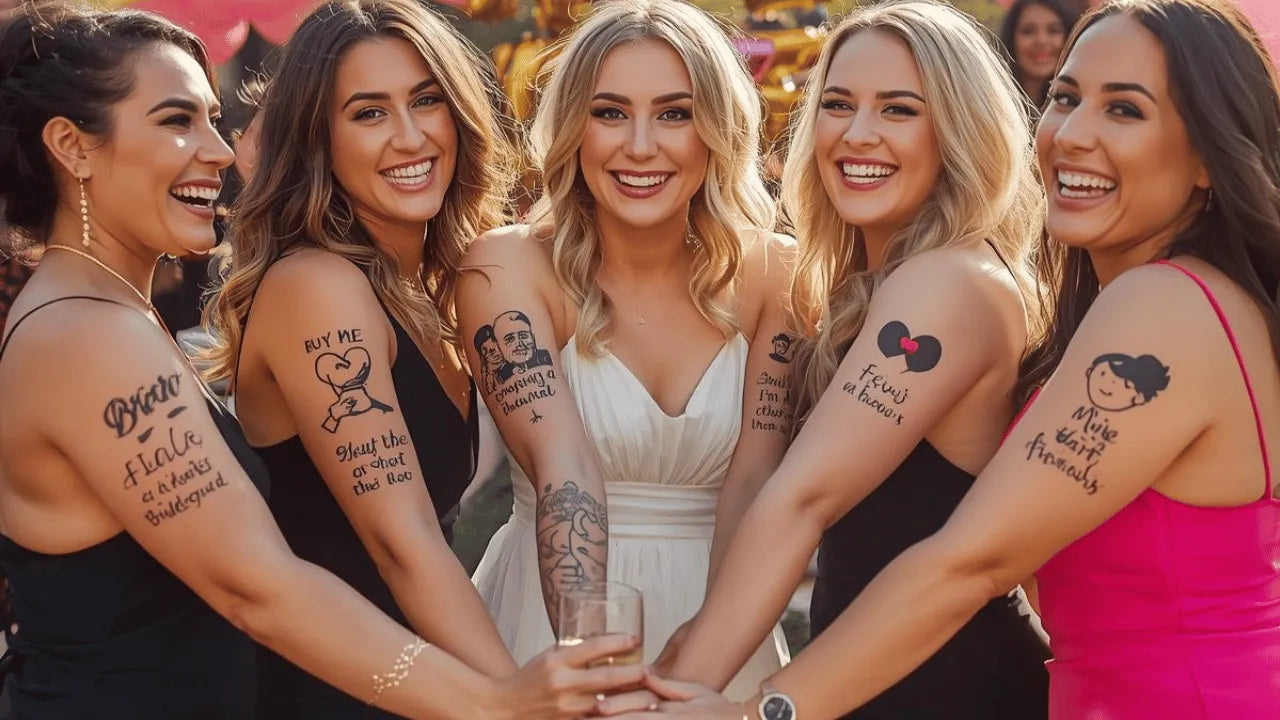 Five women with tattoos on their arms posing together.  Custom temporary tattoos for weddings