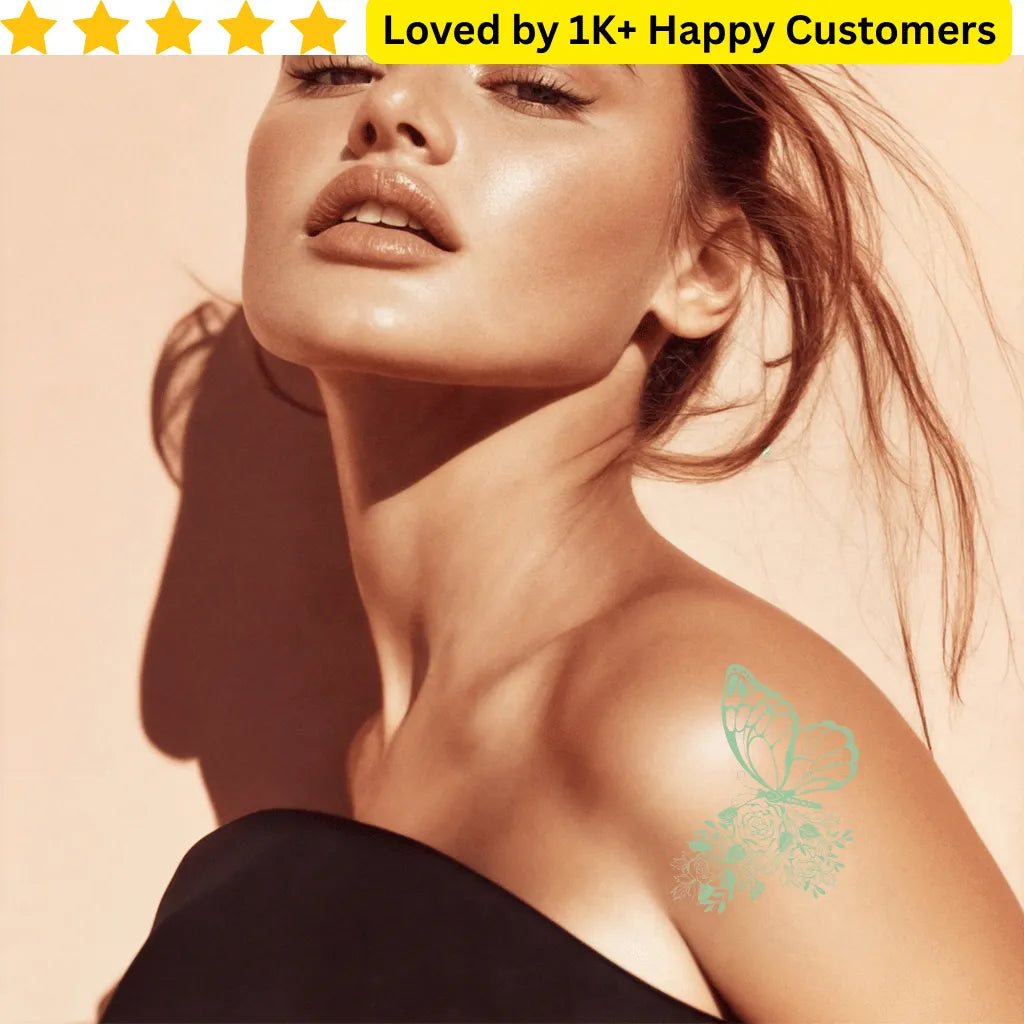 Woman with a butterfly tattoo on her shoulder against a beige background, with text 'Loved by 1K+ Happy Customers' at the top.