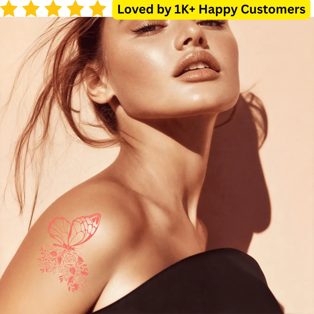 Woman with a butterfly tattoo on her shoulder against a beige background, with text 'Loved by 1K+ Happy Customers' at the top. Butterfly Tattoos with Flowers