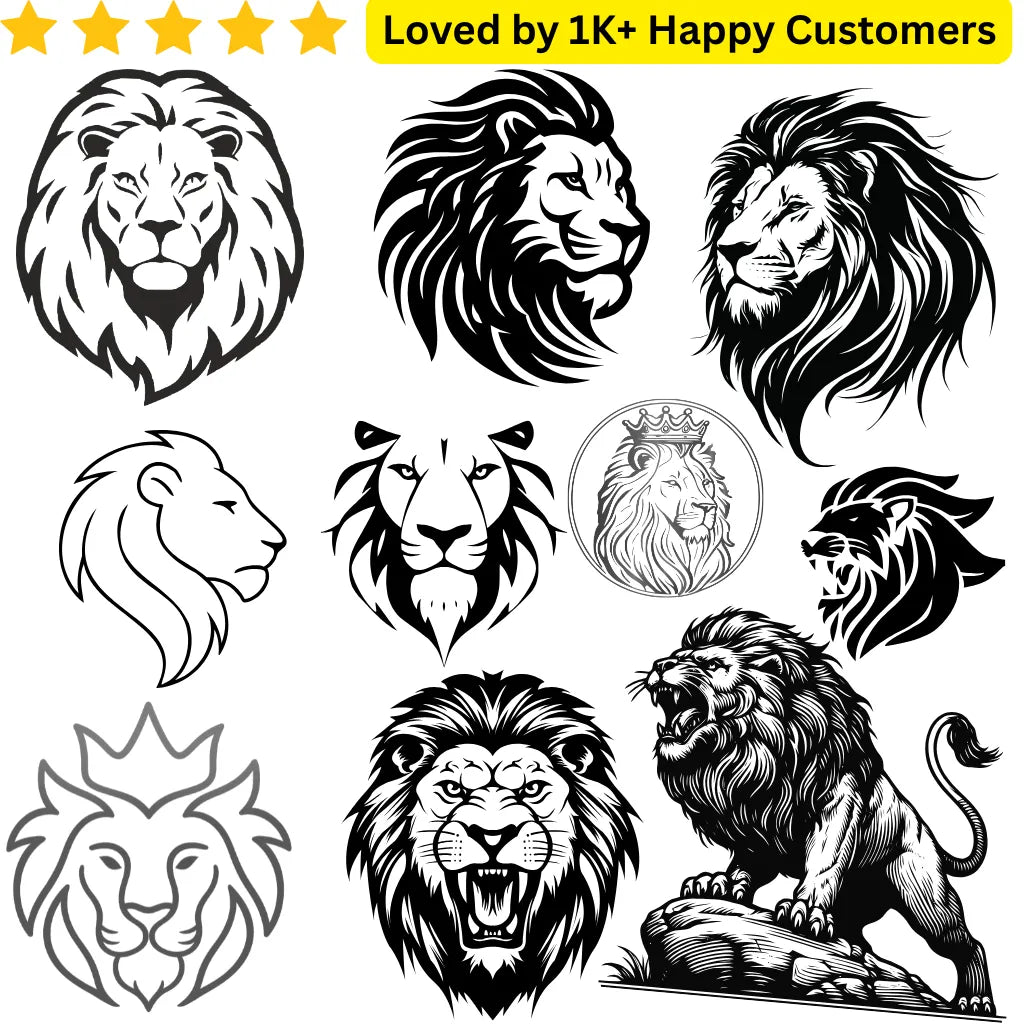 Collection of black lion illustrations on a white background with text 'Loved by 1K+ Happy Customers'. TeMaRo Lion with Crown Tattoo Sticker