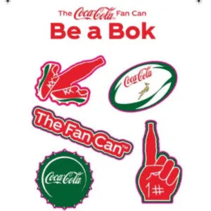 Collection of Coca-Cola branded temporary tattoos including a shoe, rugby ball, bottle cap, and hand with number one on a white background.