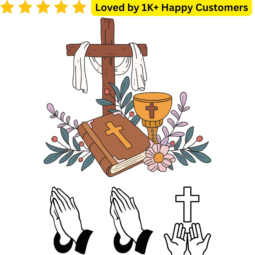 Illustration of a cross, chalice, Bible, and praying hands with floral elements on a white background. Jesus Tattoos for Men