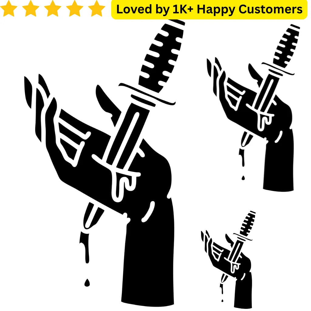 Black silhouette of a person holding a sword with text 'Loved by 1K+ Happy Customers' above. TeMaRo™ Dagger in Hand Tattoo Men