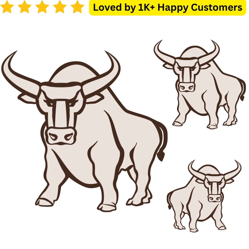 Illustrations of a bull with different poses on a white background, accompanied by text 'Loved by 1K+ Happy Customers'. TeMaRo™ Bull Tattoo Sticker for Sale