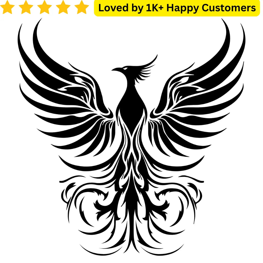 Black phoenix design on a white background with text 'Loved by 1K+ Happy Customers'. TeMaRo™ Phoenix Tattoo Men