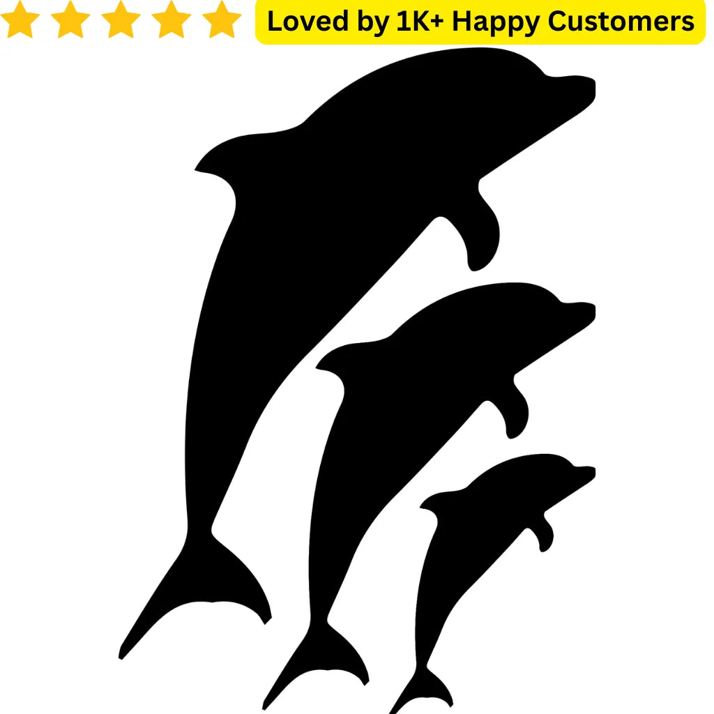 Silhouette of three dolphins with five-star rating and customer text on a white background TeMaRo™ Tattoo Designs for Men Arm