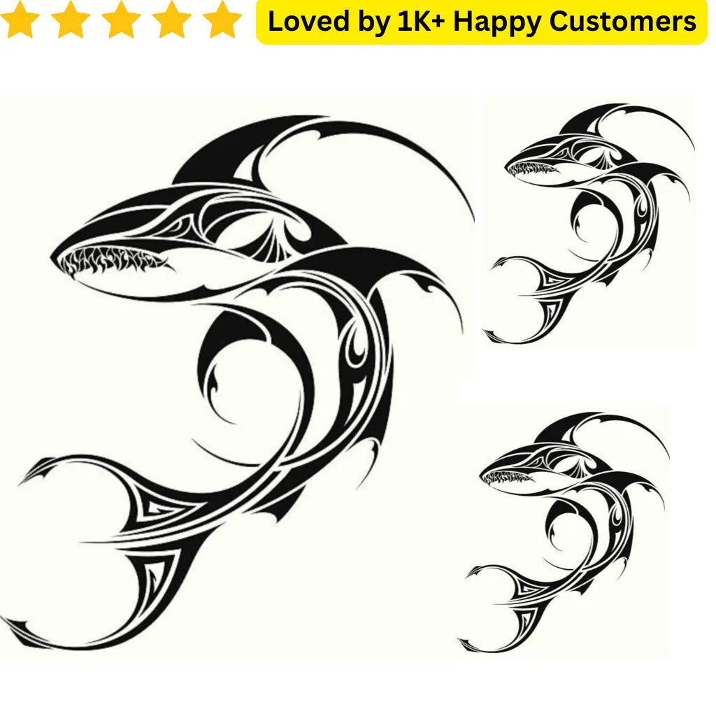 Tribal shark designs on a white background with text 'Loved by 1K+ Happy Customers'. Shark Arm Tattoos