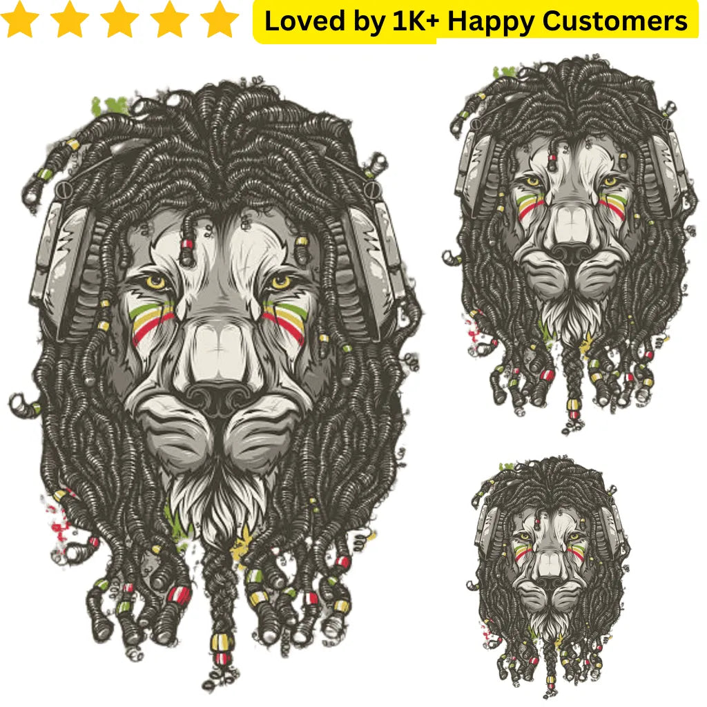 Illustration of a lion with dreadlocks and colorful face paint, surrounded by five-star rating text. TeMaRo™ Men Tattoo on Arm - Lion