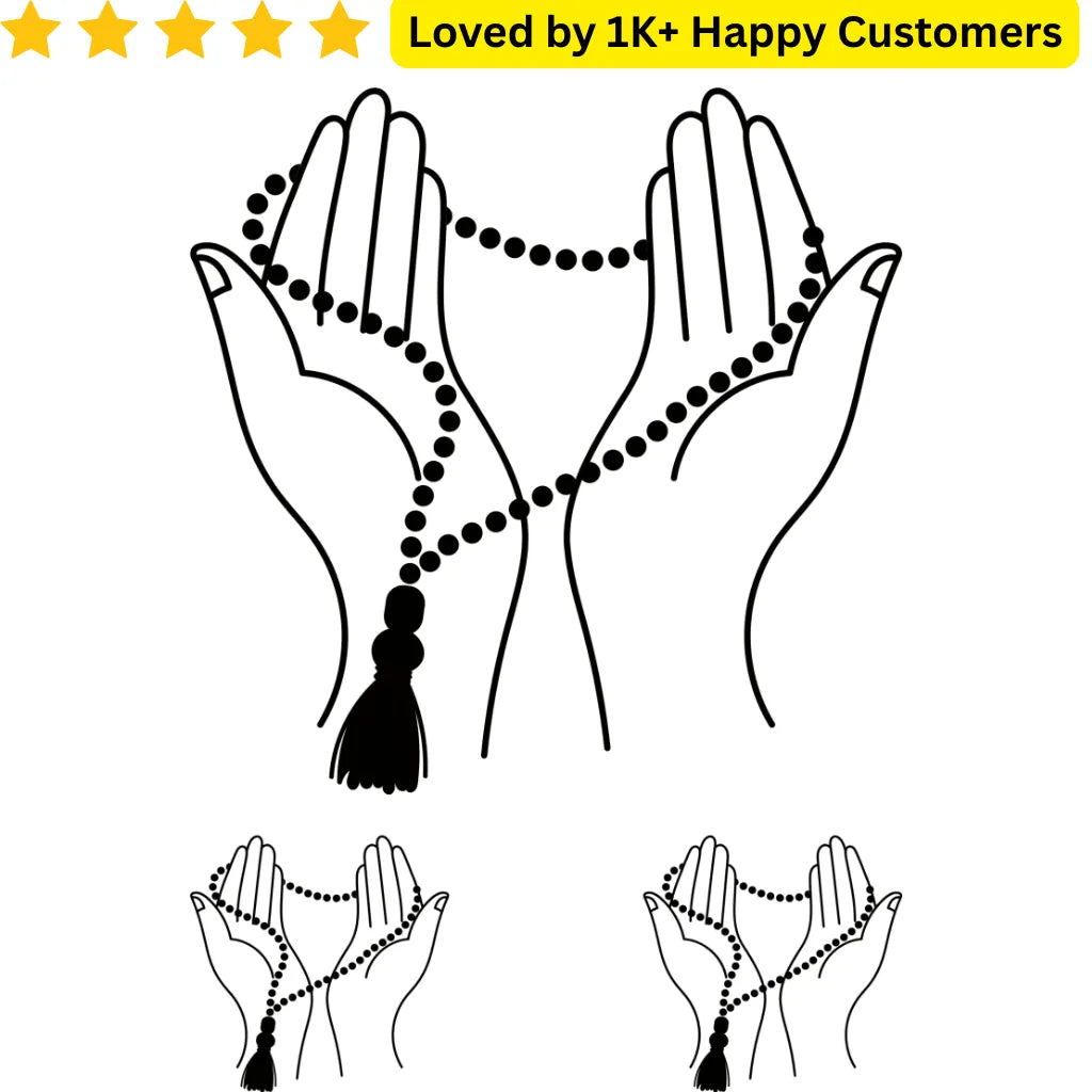 Illustration of hands holding a rosary with text 'Loved by 1K+ Happy Customers' at the top. TeMaRo 1 piece A4 page Best Temporary Sleeve Tattoos Religious Worshipping Hands