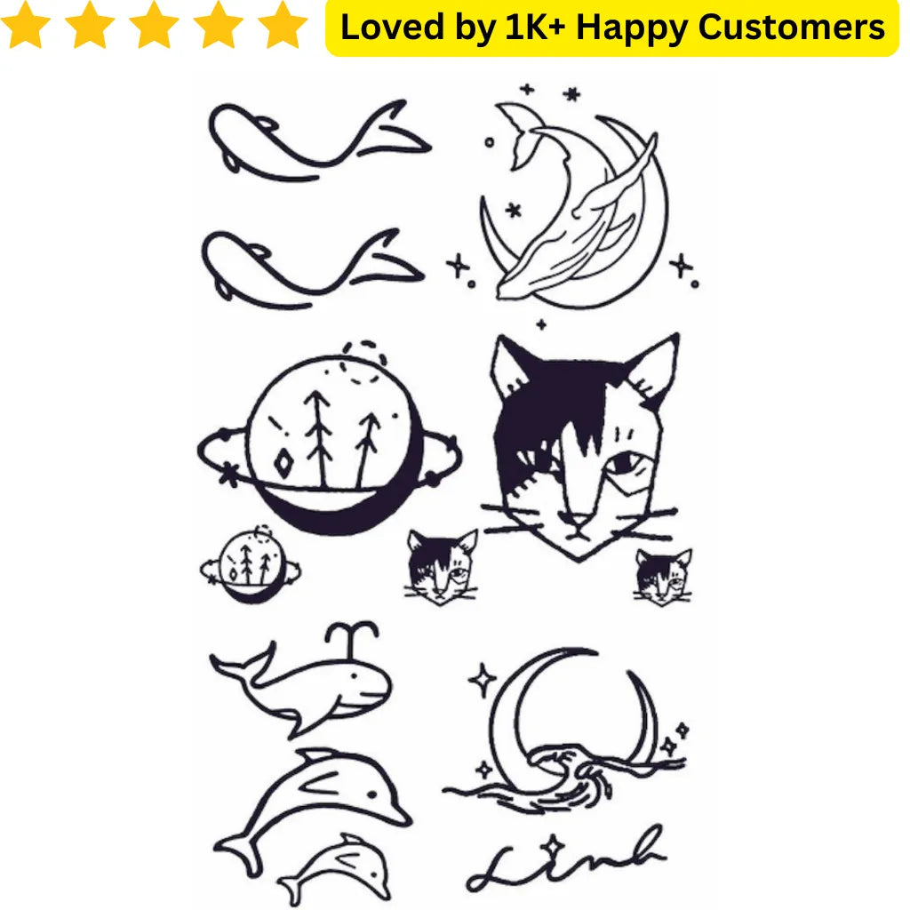 Collection of black line art designs including cats, dolphins, and moon phases on a white background. TeMaRo™ Tattoo Designs - Cunning
