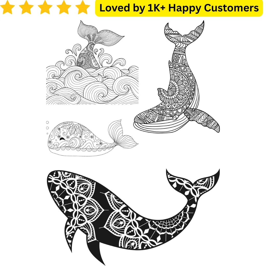 Decorative whale illustrations with intricate patterns on a white background, featuring text 'Loved by 1K+ Happy Customers'. TeMaRo™ Tattoos Designs Mandala - Whales